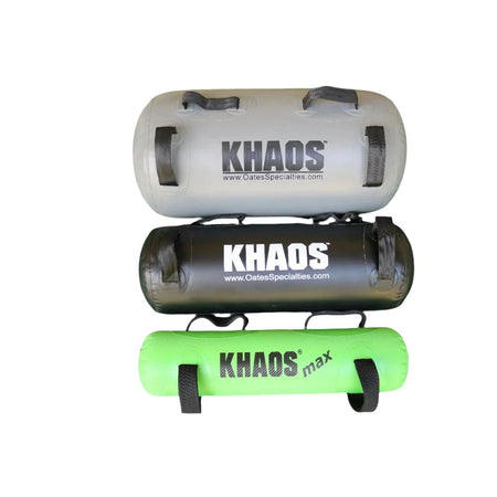 This is a product photo of all three of the KHAOS Waterboys filled with water and air to provide instability to the user. They come in three sizes and three colors. The green is the smallest, black is the medium size, and grey is the largest.