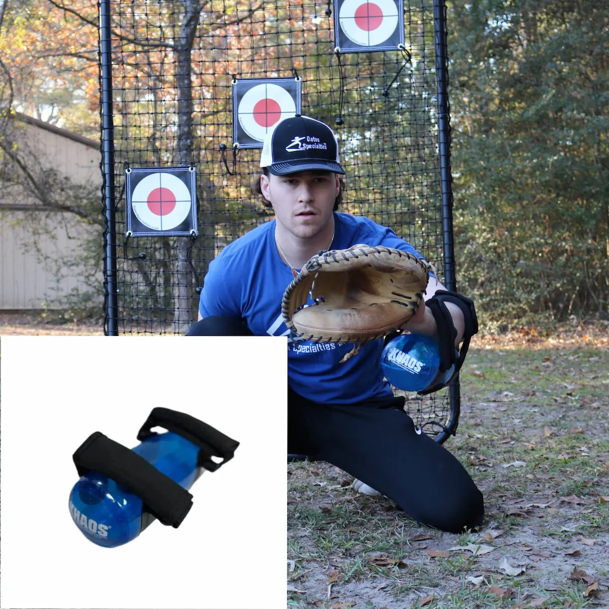 Athlete utilizing the KHAOS Water Boy Jr. to drive lead-leg stabilization and kinetic chain organization, using dynamic water perturbations to maximize power transfer through the throwing arm.