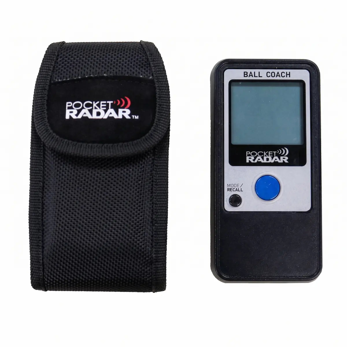 Front view of the Ball Coach™ radar gun with its compact, protective carrying case—ideal for easy transport and quick setup during training sessions.