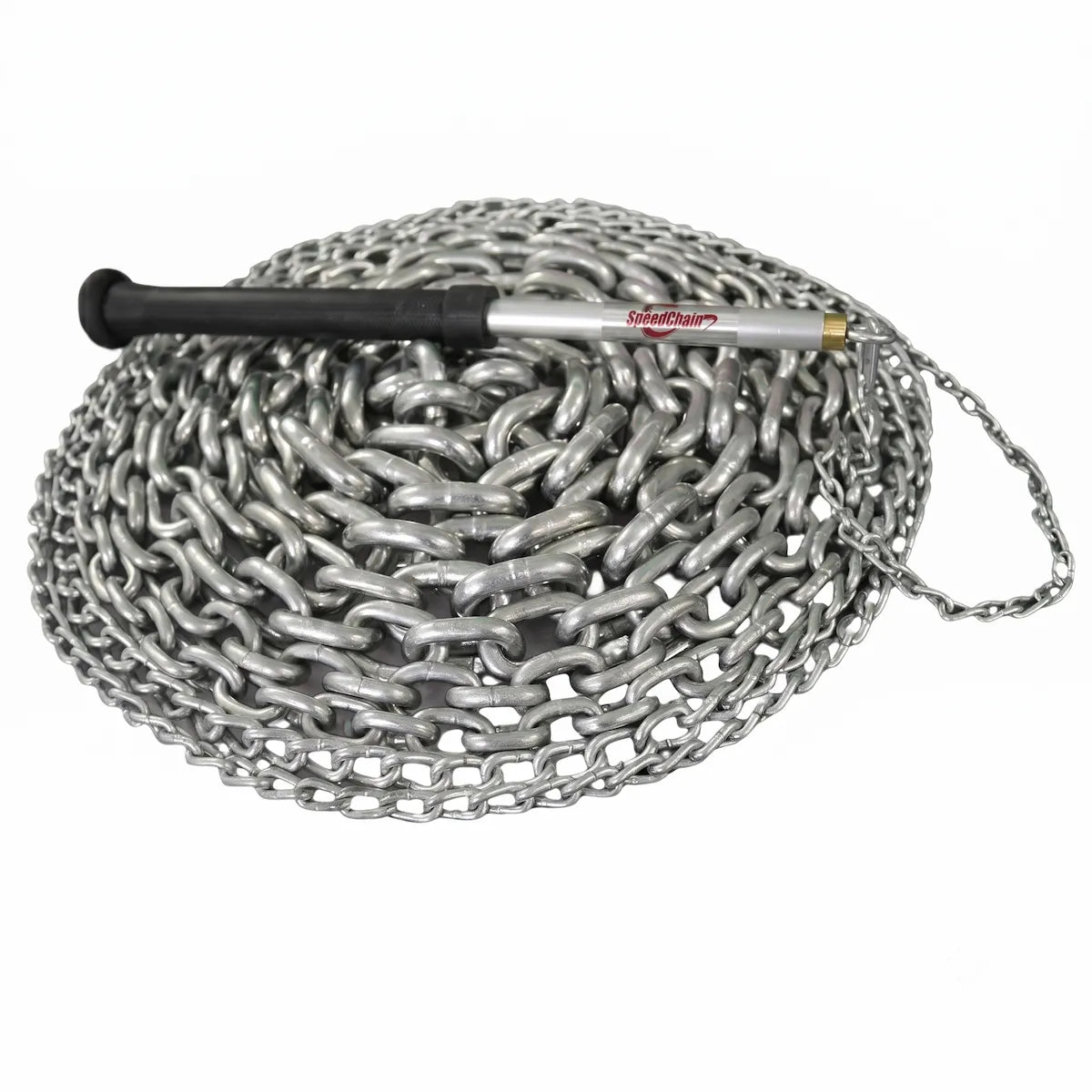 SpeedChain® Batting Chain handle with logo and chain neatly coiled in a single pile.