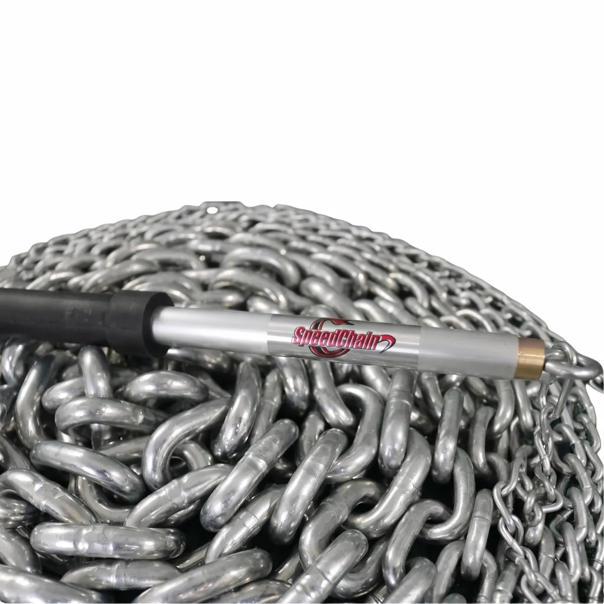 Close‑up of SpeedChain® Batting Chain handle with logo and chain neatly coiled in a single pile.