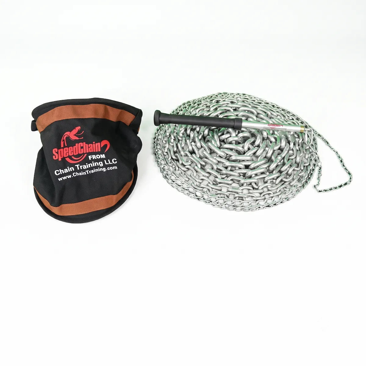 Coiled SpeedChain® Batting Chain resting next to black chain carrier bag for storage.