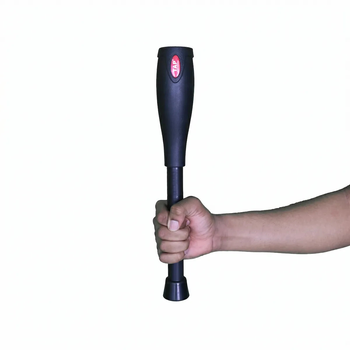 1KG Bell Club being held in a single arm straight to demonstrate the leverage weight.