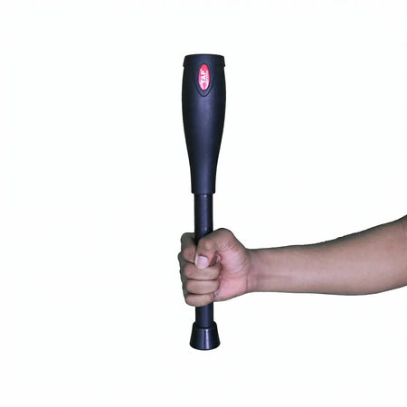 1KG Bell Club being held in a single arm straight to demonstrate the leverage weight.