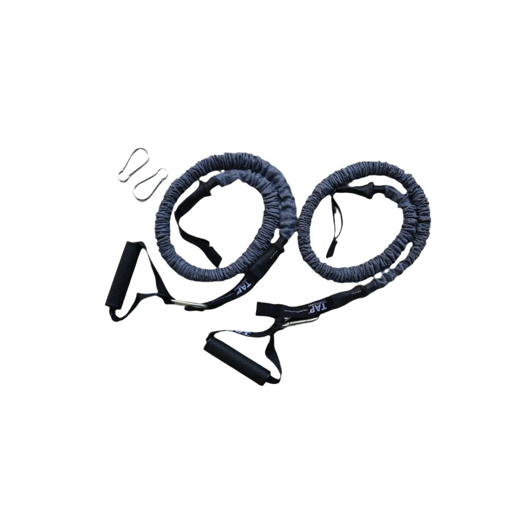 Pair of Black Sheathed Resistance Tubing for shoulder exercises - snap-back safe with ergonomic handles.