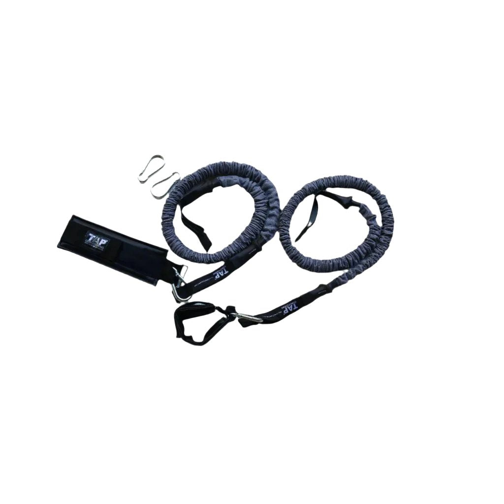 Pair of Black Sheathed Resistance Tubing for shoulder exercises - snap-back safe with cushioned cuffs.