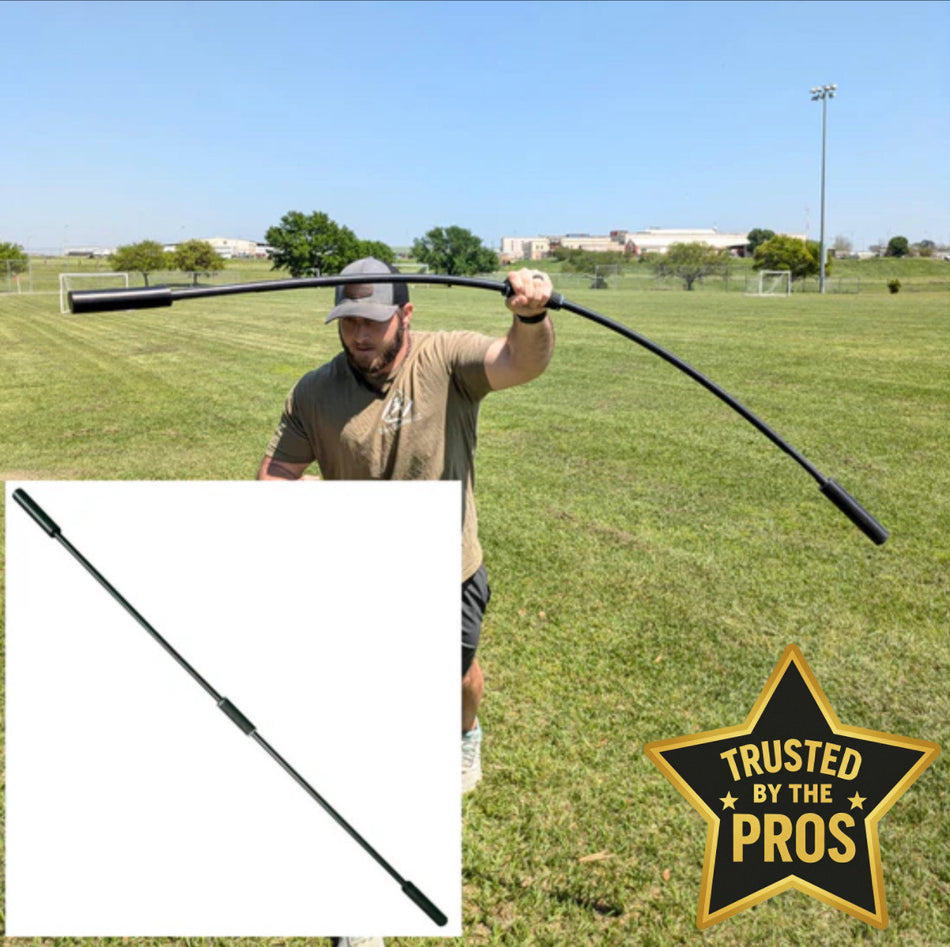 An athlete dynamically moves the TAP® Shoulder Tube in a circular motion, replicating his pitching delivery for shoulder activation. The inset product image highlights the TAP® Shoulder Tube’s enhanced grip for secure handling.
