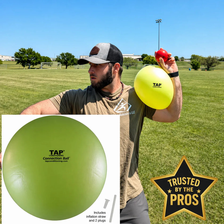 Athlete using a TAP® Connection Ball® as a tactile constraint to promote consistent movement quality and kinetic chain sequencing during throwing drills.