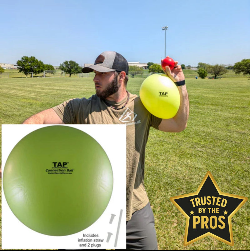 Athlete utilizing the TAP Connection Ball as a mechanical constraint for proximal-load organization and kinetic chain organization to build throwing arm power.