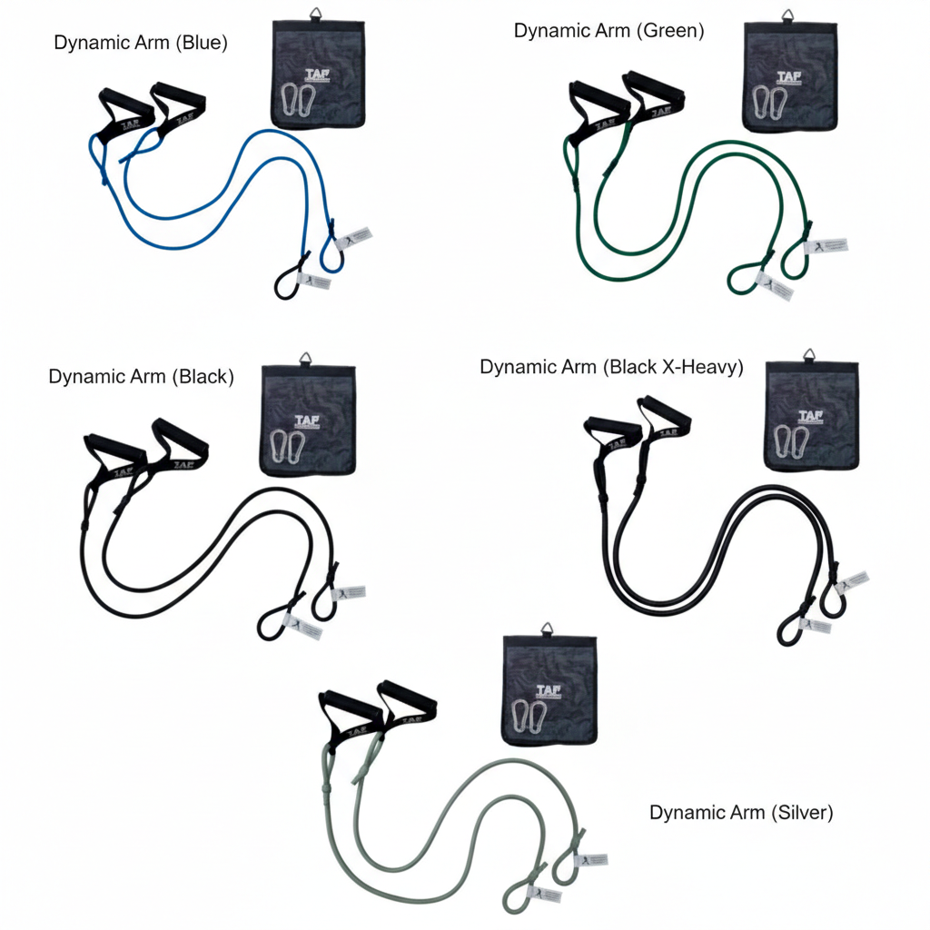 Five pairs of TAP® Dynamic Arm Resistance Tubing displayed in a developmental sequence (Green, Blue, Black, Silver, and Thick Black), each featuring textured rubberized handles and steel snap hooks for secure anchoring and progressive arm-care training.