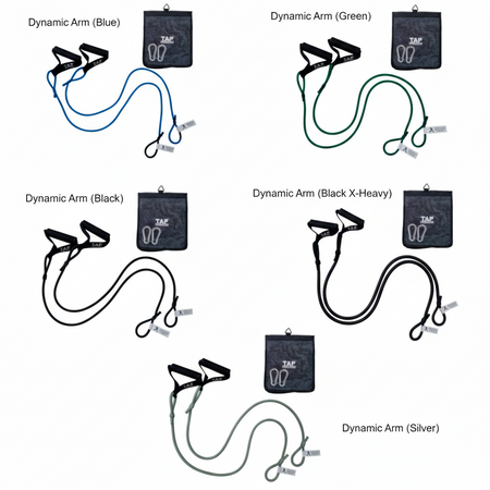 Five pairs of TAP® Dynamic Arm Resistance Tubing displayed in a developmental sequence (Green, Blue, Black, Silver, and Thick Black), each featuring textured rubberized handles and steel snap hooks for secure anchoring and progressive arm-care training.