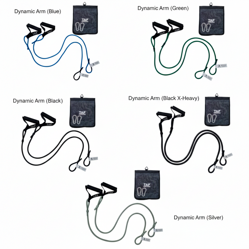 Five pairs of TAP® Dynamic Arm Resistance Tubing displayed in a developmental sequence (Green, Blue, Black, Silver, and Thick Black), each featuring textured rubberized handles and steel snap hooks for secure anchoring and progressive arm-care training.