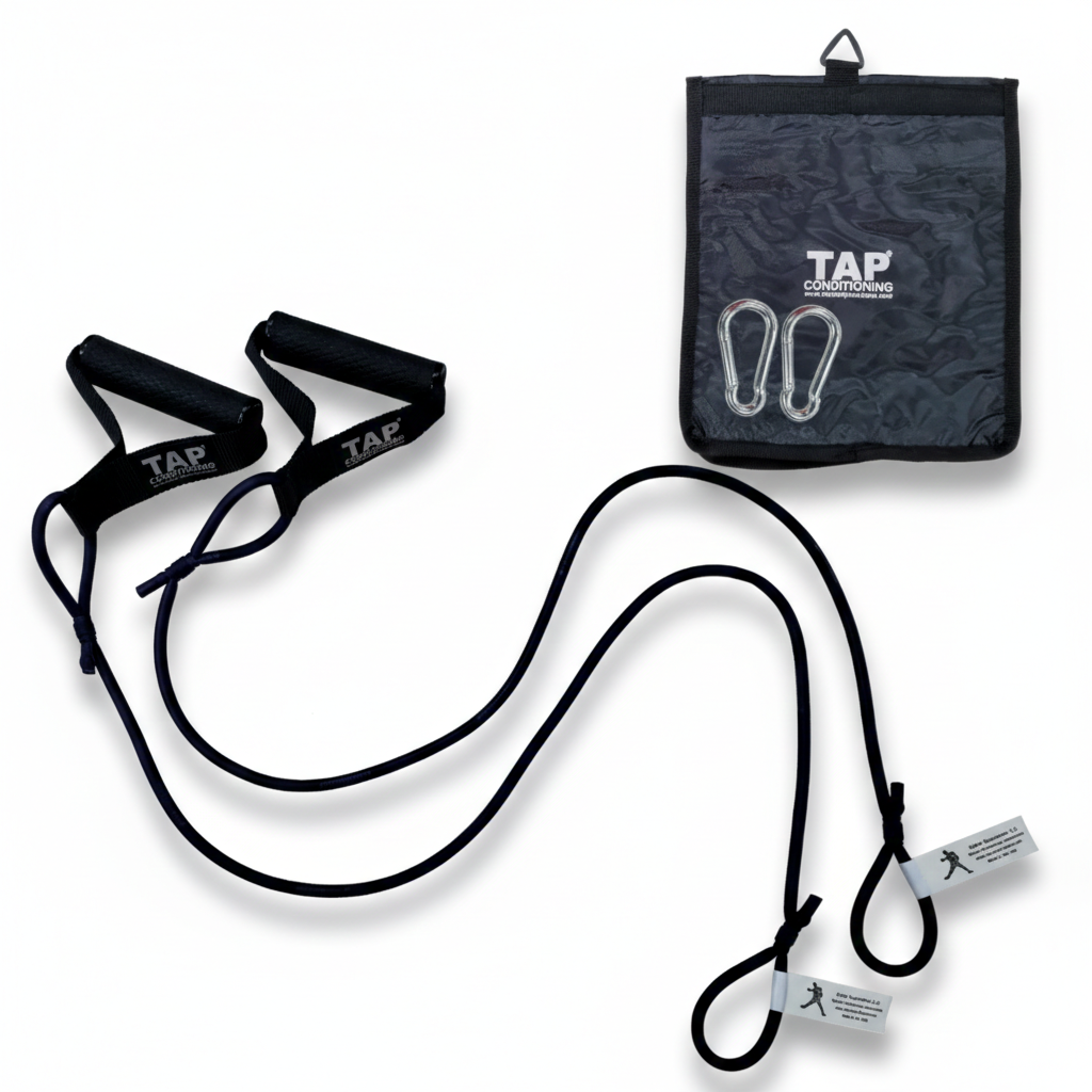 Dynamic Arm Tubing blue, including bag, and snap hook. Transitioning toward consistent routines; emphasis on stability and rhythm.