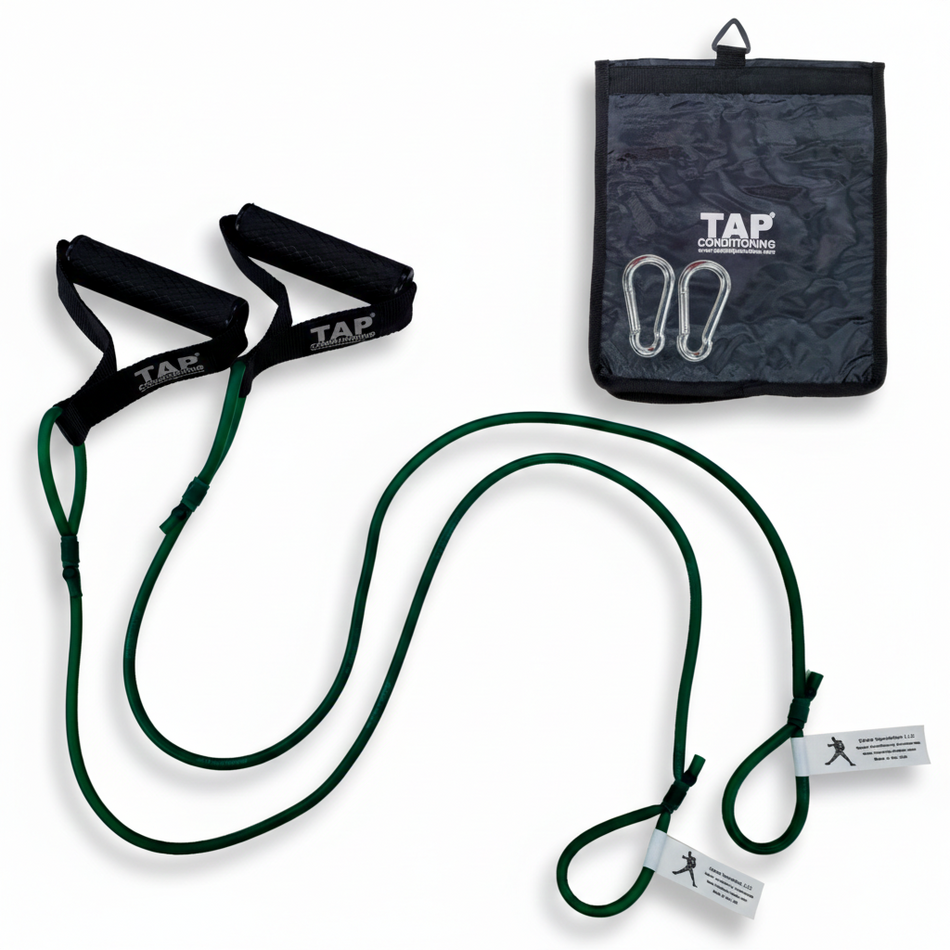 Dynamic Arm Tubing Green, with bag, and snap hook. Focus on low volume/intensity and movement exploration.