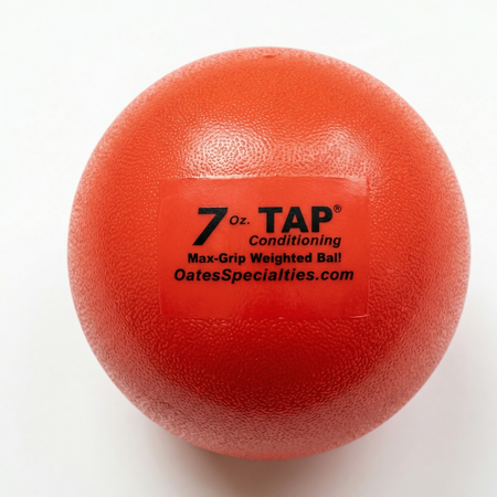 TAP Max-Grip Weighted Ball (7oz) featuring a high-friction tactile-feedback surface for distal-load organization and scapular stabilization.