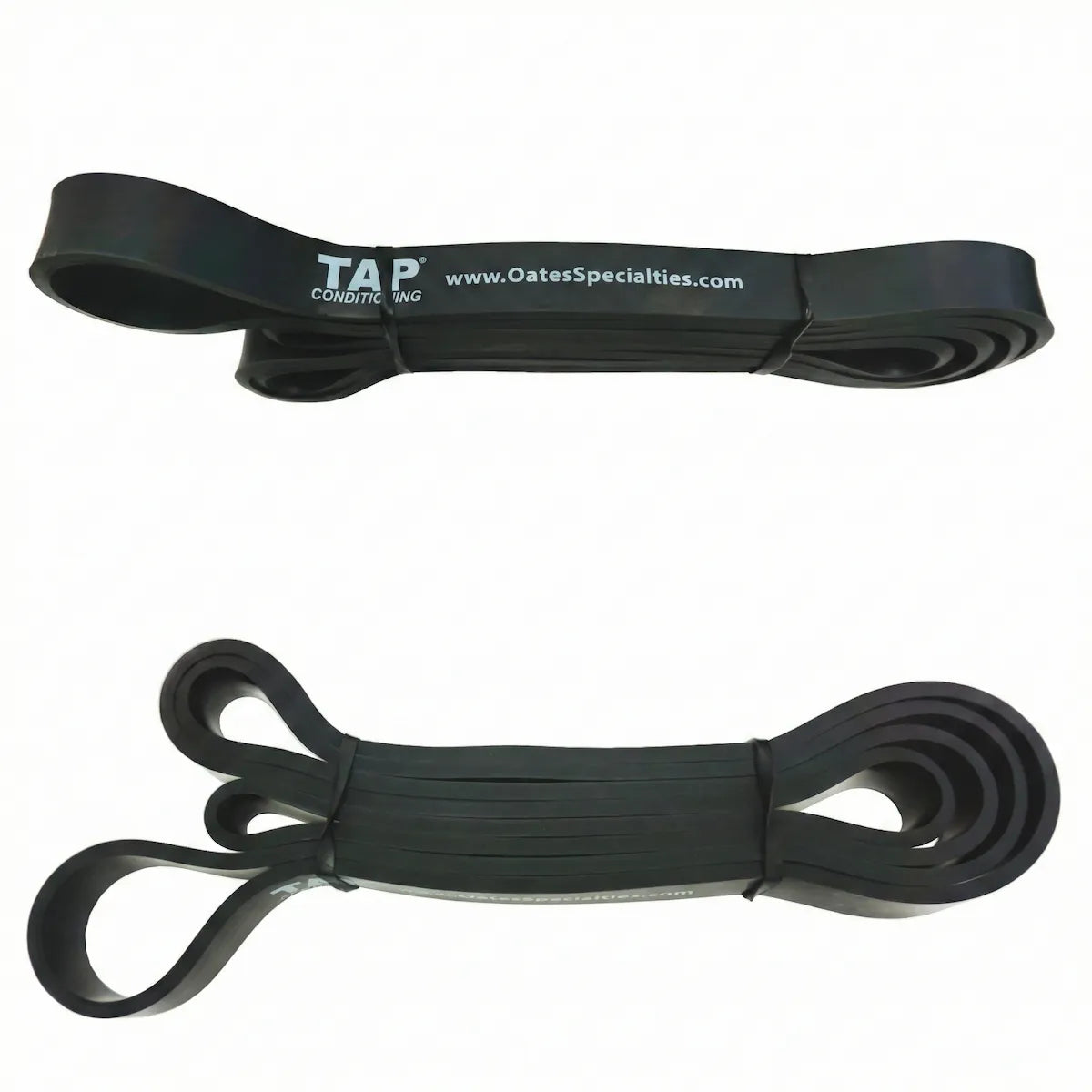 Black TAP® Giant Flat Band, a heavy 1/2” 41-inch loop serving as the standard resistance baseline for junior high and high school athletes training lumbopelvic stability and thoracic rotation.