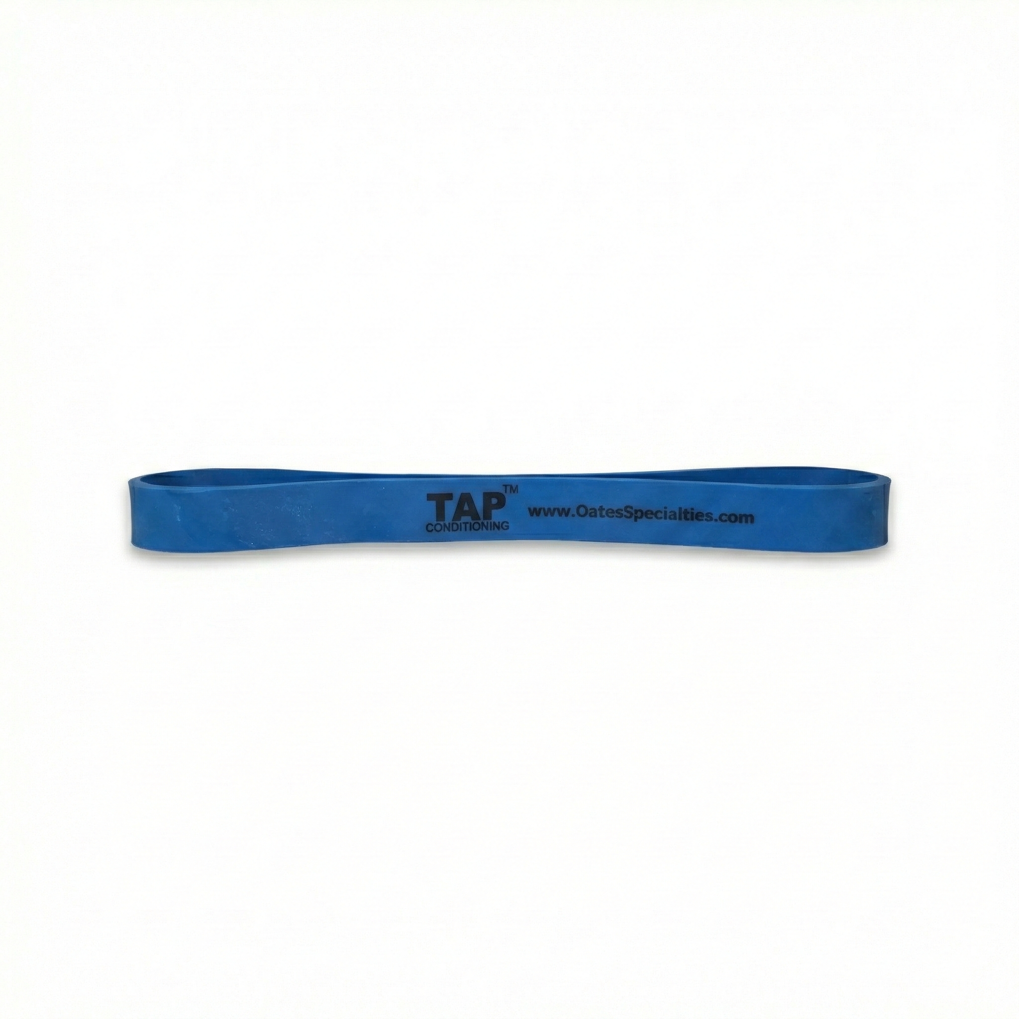 Blue (1") TAP® Exercise Band in a 9-inch lay-flat length, designed for advanced resistance and collegiate-level loading during lower-body stability and force production drills.
