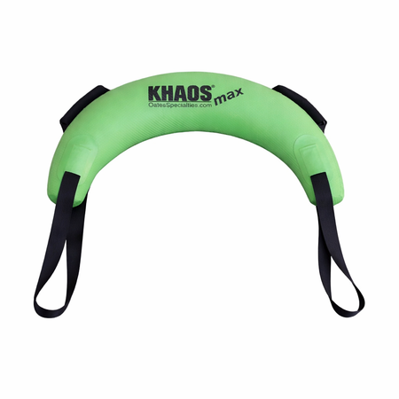 Product photo of the KHAOS® MAX Bulgarian Bag, featuring its banana-shaped air/water-inflated design, two long straps with adjustable handles, and bold green color with the KHAOS® MAX logo and OatesSpecialties.com branding.
