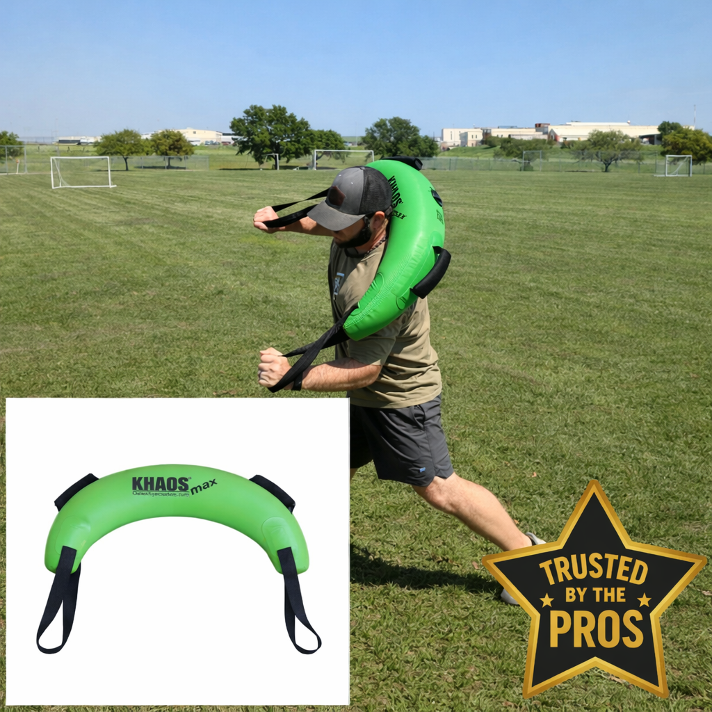A man lunges on a field while using a green exercise tool labeled "KHAOS max." A smaller inset photo shows a close-up of the tool.