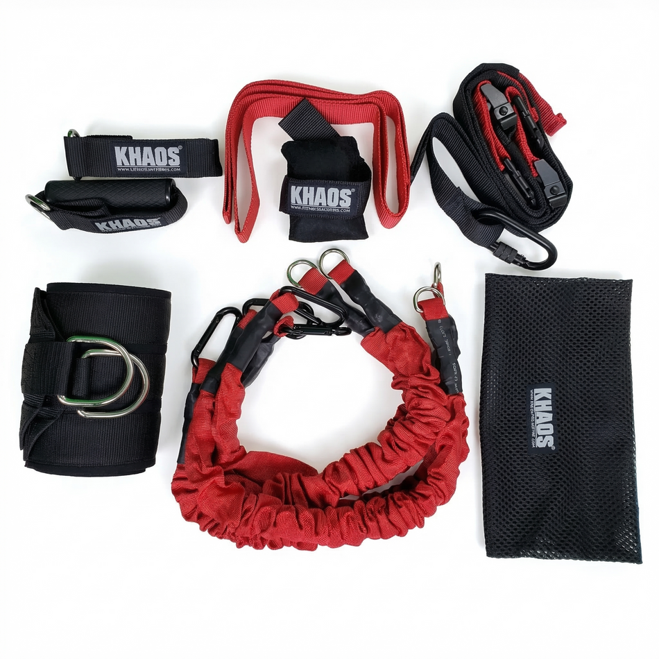 KHAOS Bungee Suspension Trainer featuring high-intensity bungee cords and reinforced handles, designed to drive scapular stabilization and kinetic chain organization via elastic rhythmic perturbations.