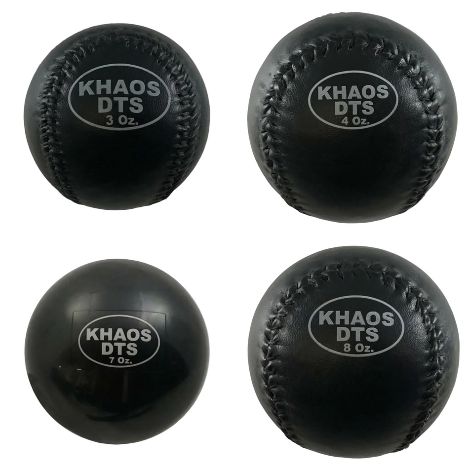 DTS Set featuring proprietary weighted training balls (3oz, 4oz, 7oz, and 8oz) designed to provide variable-load stimulus, driving scapular stabilization and kinetic chain organization for increased power.