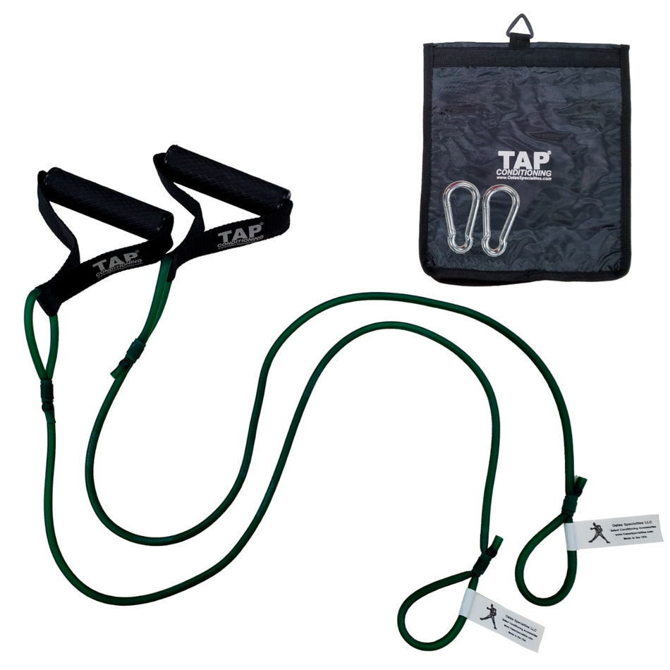 Dynamic Arm Tubing Green, with bag, and snap hook. Focus on low volume/intensity and movement exploration.