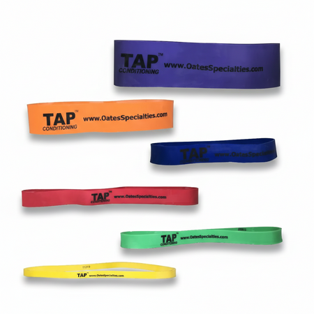A full set of TAP® Exercise Bands in 9-inch lay-flat lengths, featuring color-coded widths from 3/8-inch to 2-inch for scalable resistance and targeted muscle activation.