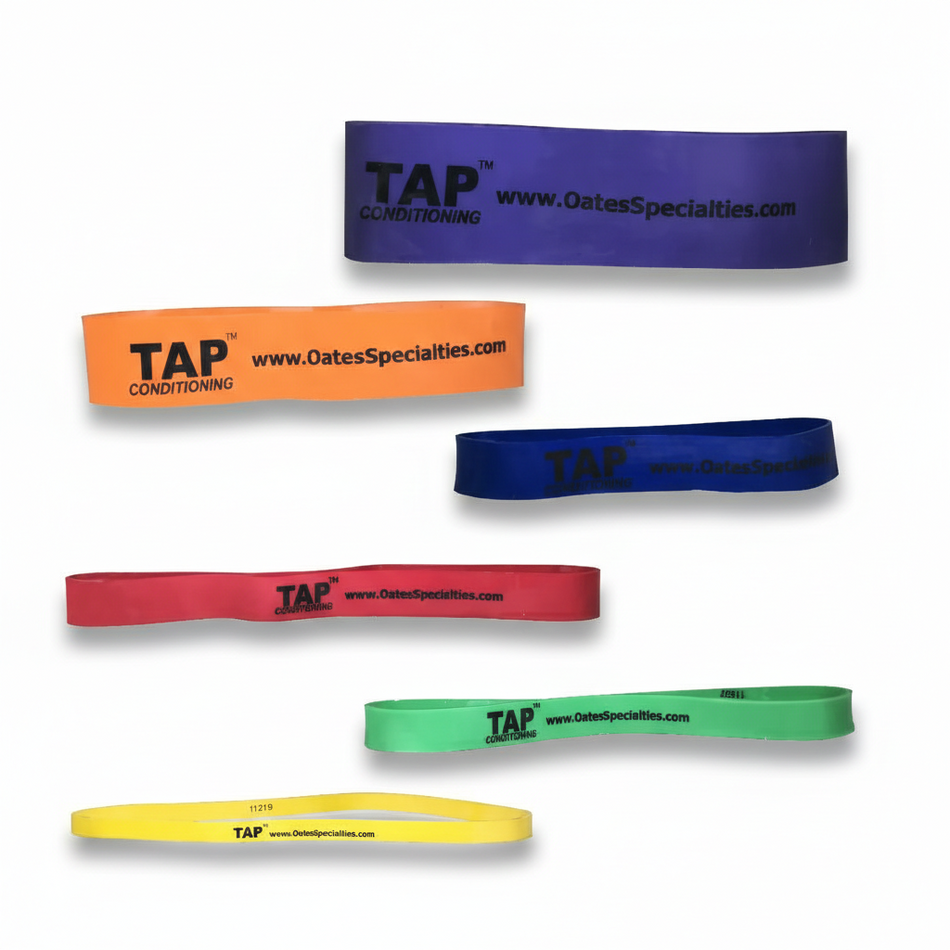 A full set of TAP® Exercise Bands in 9-inch lay-flat lengths, featuring color-coded widths from 3/8-inch to 2-inch for scalable resistance and targeted muscle activation.