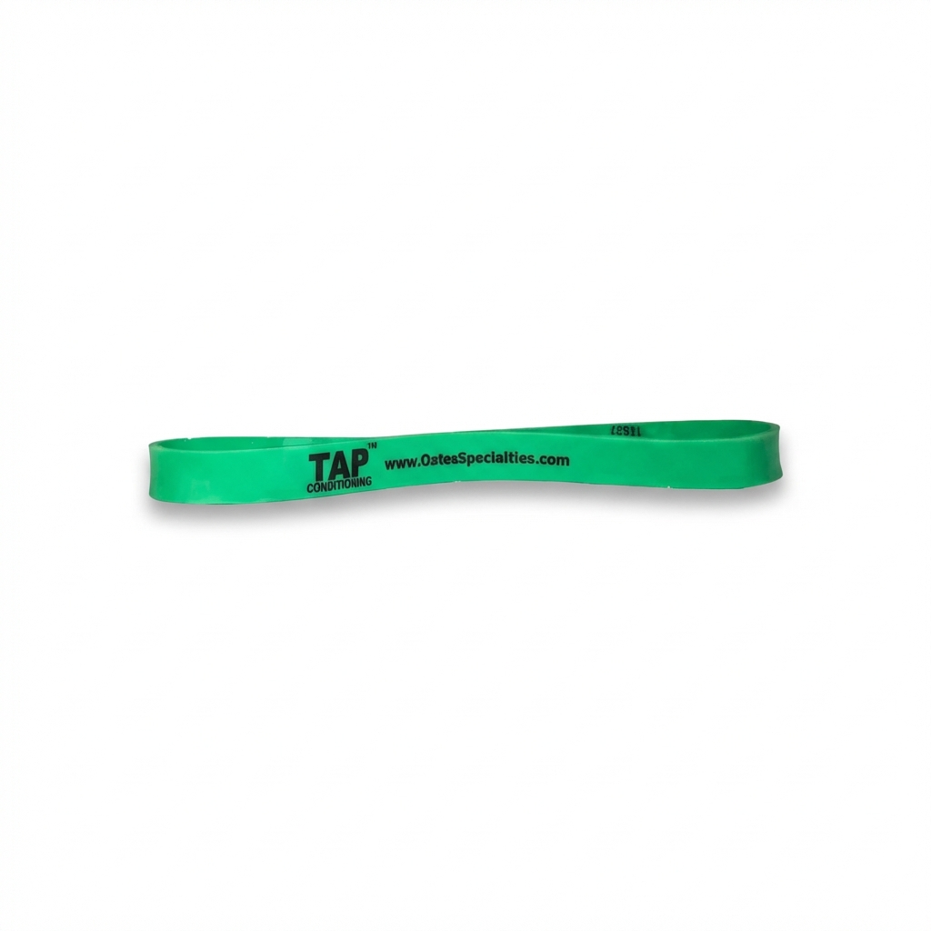 Green (5/8") TAP® Exercise Band in a 9-inch lay-flat length, featuring a wider surface area for foundational strength endurance and consistent linear tension during dynamic movement.