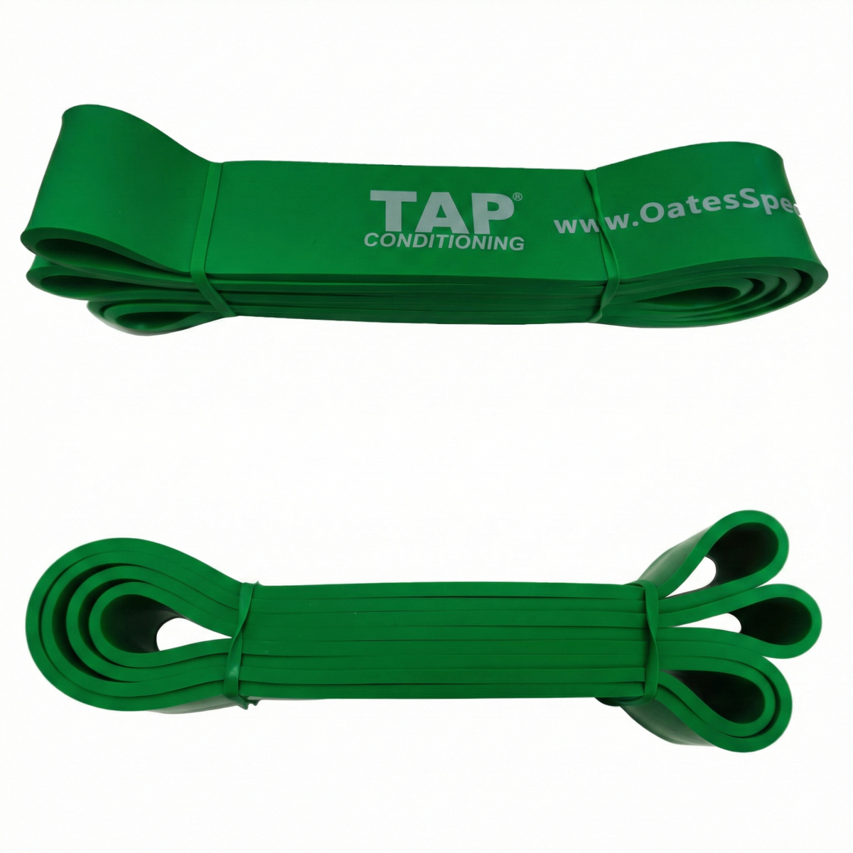 A Green (Super Heavy - 1 3/4") TAP® Giant Flat Band. This 41-inch continuous loop provides high-magnitude accommodating resistance, specifically calibrated for mature collegiate and professional athletes. It is utilized for high-output drills such as resisted sprints and heavy hinge patterns, challenging the athlete’s global structural integrity and ability to manage significant counter-rotational forces.