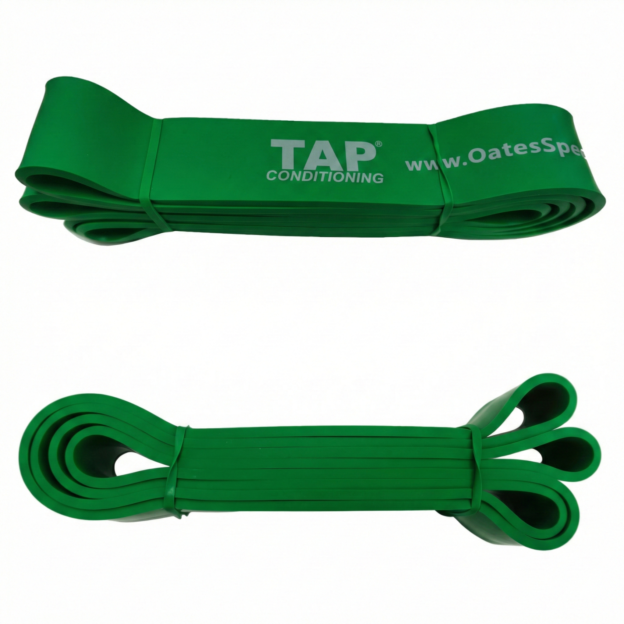 A Green (Super Heavy - 1 3/4") TAP® Giant Flat Band. This 41-inch continuous loop provides high-magnitude accommodating resistance, specifically calibrated for mature collegiate and professional athletes. It is utilized for high-output drills such as resisted sprints and heavy hinge patterns, challenging the athlete’s global structural integrity and ability to manage significant counter-rotational forces.
