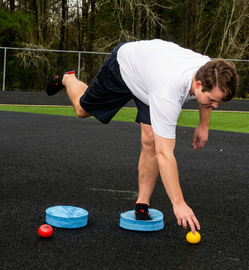 Athlete utilizing an Oval Balance Pad for lead-side stabilization and kinetic chain organization, creating an unstable variable stimulus for increased power.