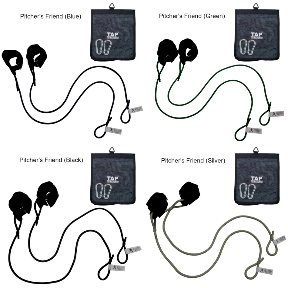 A collage displaying the TAP® Pitcher's Friend Resistance Tubing in its four developmental levels (Green, Blue, Black, and Silver). Each pair features synthetic leather cuffs for distal unloading and steel snap hooks, illustrating a progressive resistance hierarchy designed to support scapular stability and arm health from youth through professional levels.