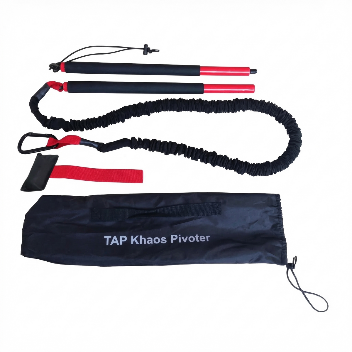 Pivoter training set featuring a 2-piece industrial-grade bar, bungee cord, and door anchor, designed to drive lead-side stabilization and kinetic chain organization via elastic rhythmic perturbations.