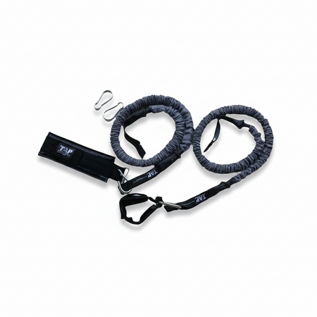 A pair of Black TAP® Sheathed Safety Tubing featuring synthetic leather wrist cuffs. This standard resistance level for high school athletes utilizes a protective fabric sleeve to ensure a consistent elastic profile and a mechanical safeguard against snap-back. The cuffed design facilitates distal unloading, allowing for isolated scapular stabilization and posterior rotator cuff activation without forearm compensation.