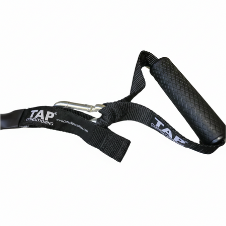 A close-up of the TAP® resistance tubing handle, featuring a high-traction rubberized grip and reinforced nylon webbing. The ergonomic design ensures consistent tactile feedback during kinetic chain integration, while the snap-hook closure provides a secure, low-friction anchor point designed for the rigors of professional training environments.