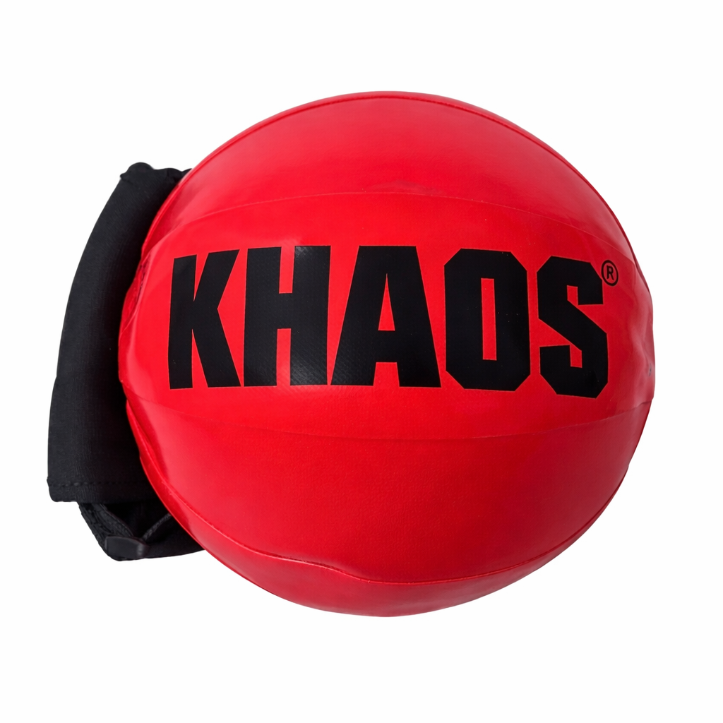 Front view of KHAOS® Shoulder Shaker—red with a black adjustable handle. Water-filled ball creates perturbations for dynamic shoulder stabilization.