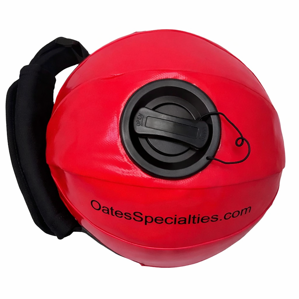 Backside of KHAOS® Shoulder Shaker™ featuring unique Oates Specialties locking valve, adjustable handle, and comfort strap for secure water and air sealing.