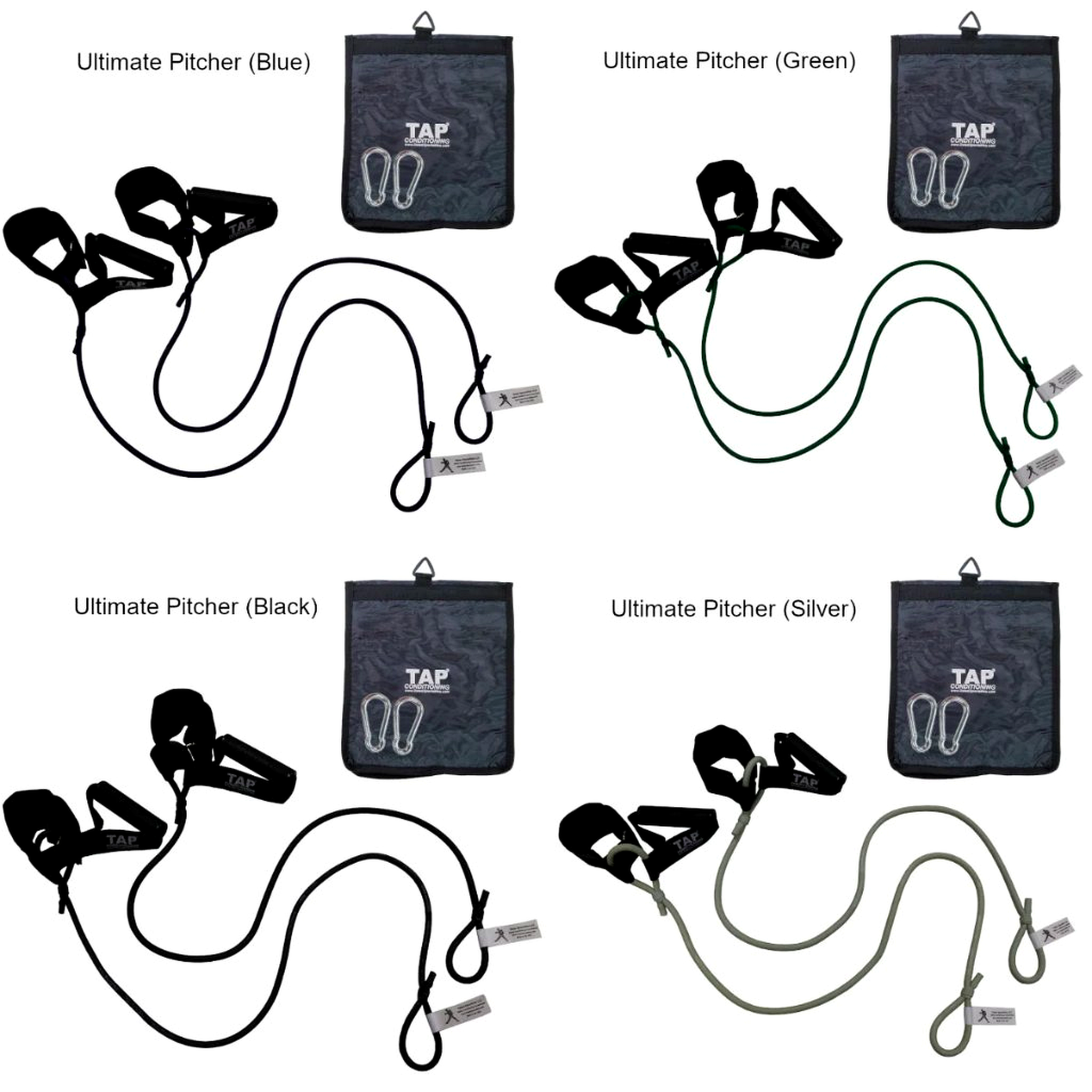The complete TAP® Ultimate Pitcher Resistance Tubing set, displaying the developmental resistance hierarchy. Top left: Blue (Extra Heavy) for junior high athletes. Top right: Green (Heavy) for youth athletes. Bottom left: Black (Special Heavy) for high school athletes. Bottom right: Silver (Super Heavy) for collegiate and professional athletes. Each unit features the integrated dual-attachment system of synthetic leather cuffs and rubberized grips.