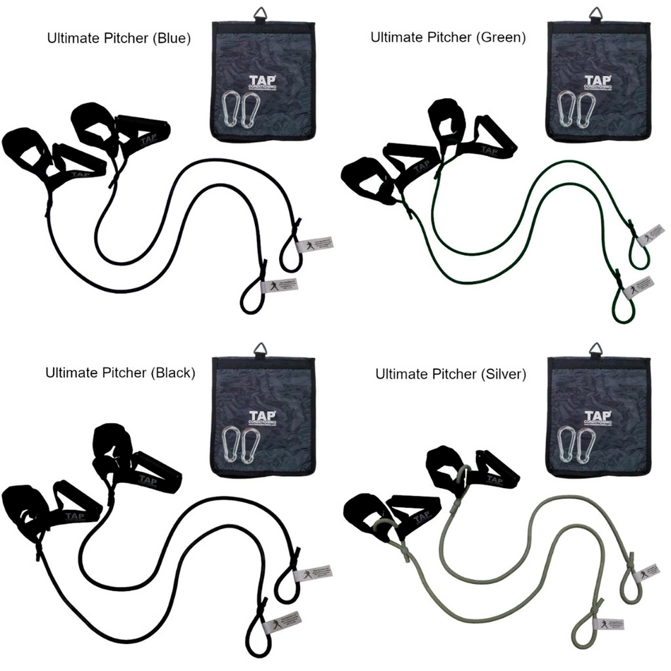 The complete TAP® Ultimate Pitcher Resistance Tubing set, displaying the developmental resistance hierarchy. Top left: Blue (Extra Heavy) for junior high athletes. Top right: Green (Heavy) for youth athletes. Bottom left: Black (Special Heavy) for high school athletes. Bottom right: Silver (Super Heavy) for collegiate and professional athletes. Each unit features the integrated dual-attachment system of synthetic leather cuffs and rubberized grips.