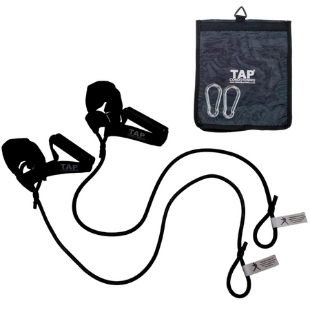 The Black TAP® Ultimate Pitcher Resistance Tubing set, featuring the dual-interface of synthetic leather cuffs and rubberized grips. As the standard resistance level for the developing high school athlete, this set includes steel snap hooks and a canvas storage bag to facilitate consistent scapular stabilization and kinetic chain integration in various training environments.