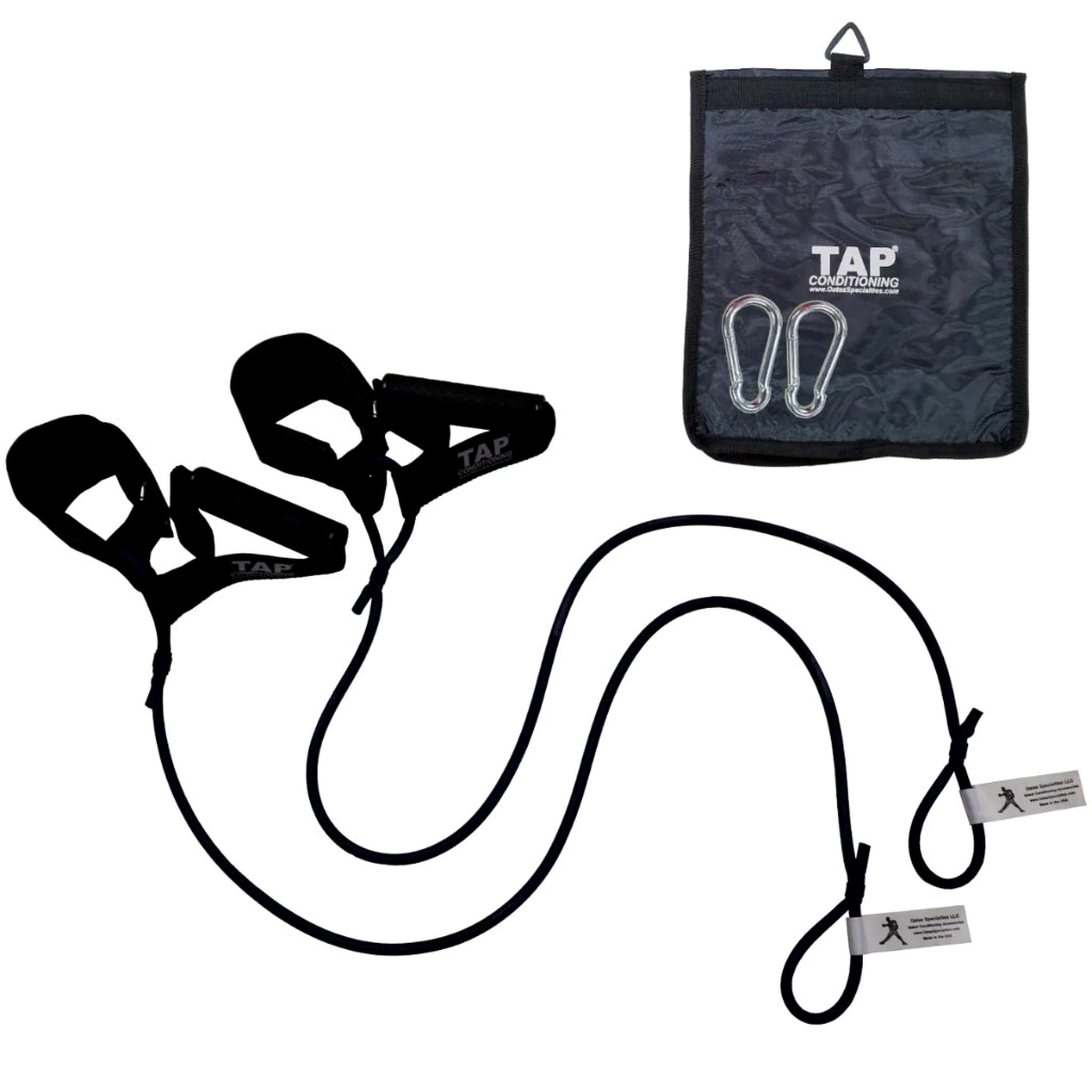 The Blue TAP® Ultimate Pitcher Resistance Tubing set, featuring a dual-interface of synthetic leather cuffs and rubberized grips. This transitional resistance level is calibrated for the junior high athlete. The set includes steel snap hooks for secure anchoring and a canvas storage bag to support consistent movement preparation and arm-care routines during travel.