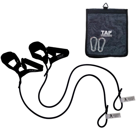 The Blue TAP® Ultimate Pitcher Resistance Tubing set, featuring a dual-interface of synthetic leather cuffs and rubberized grips. This transitional resistance level is calibrated for the junior high athlete. The set includes steel snap hooks for secure anchoring and a canvas storage bag to support consistent movement preparation and arm-care routines during travel.