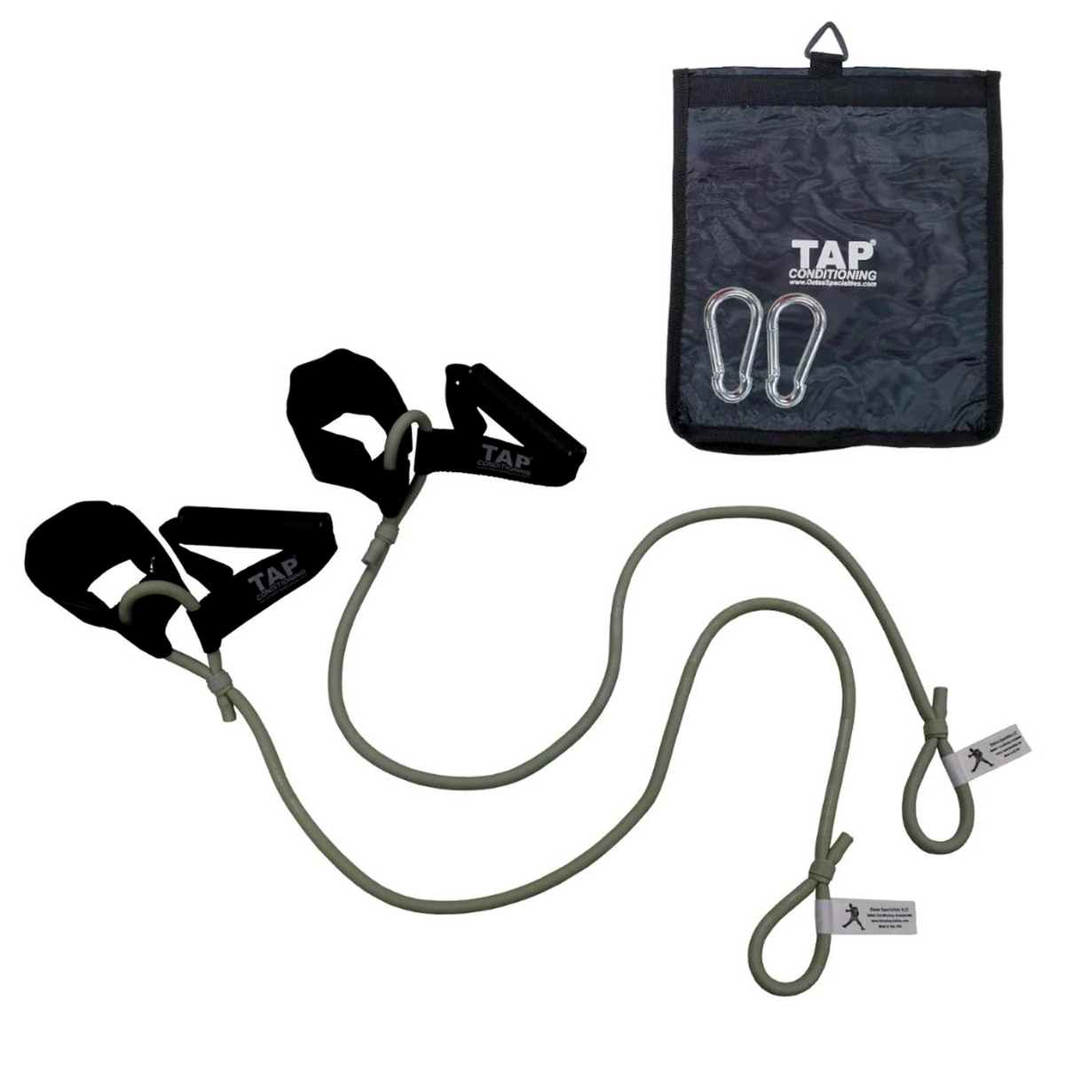 The Silver TAP® Ultimate Pitcher Resistance Tubing set, featuring the dual-interface of synthetic leather cuffs and rubberized grips. This high-resistance level is calibrated for collegiate and professional athletes. The set includes steel snap hooks and a canvas storage bag, supporting advanced neuromuscular control and force-output management in travel and training environments.