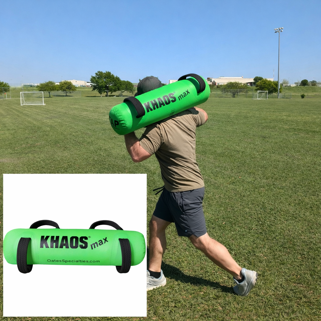 There is an action shot of an athlete with the green KHAOS Waterboy on the back of his shoulders in a split stance. He is twisting with the bag on his back forcing him to stabilize through legs, core, and entire body. There is also a product photo of the green KHAOS Waterboy showing the four handles it has to provide more variations and adjustability.