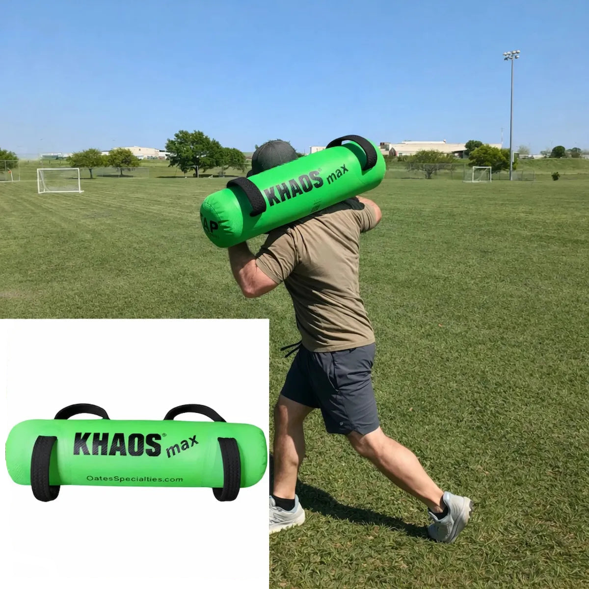 Athlete in a split stance performing a torso twist with the KHAOS® Waterboy, utilizing shifting water to drive multi-planar stability and core power.