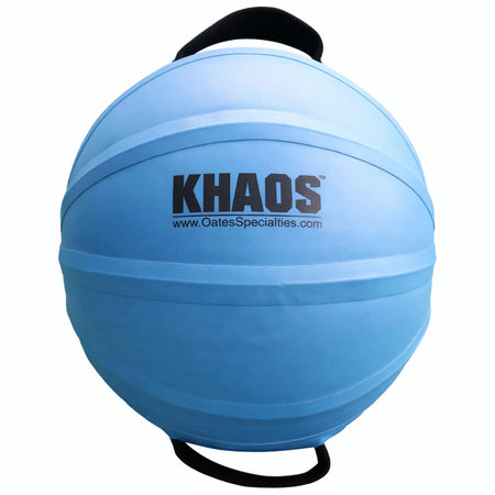 Front view of the blue KHAOS® Water Ball with brand logo and durable dual handles, used for unstable resistance training to build core and shoulder stability