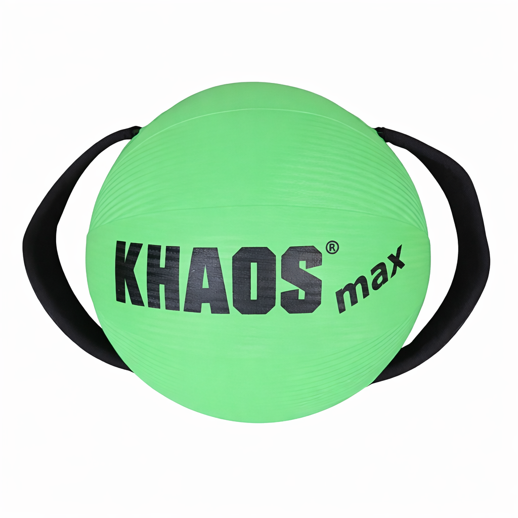 Product photo of the KHAOS® Water Ball, prominently displaying its ergonomic handles and bold KHAOS® logo, designed for dynamic strength training and versatility.