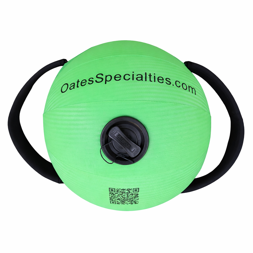 Khaos Water Ball back of product to display the website, fill valve, and QR code for product information