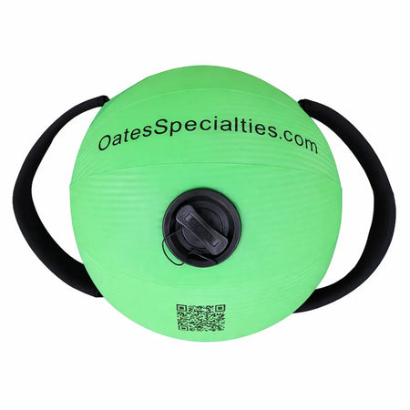 KHAOS® Water Ball MAX rear view showing ergonomic handle design, bold branding, and a QR code that links to water‑fill instructions, built with upgraded MAX‑line materials and covered by a 2‑year warranty.